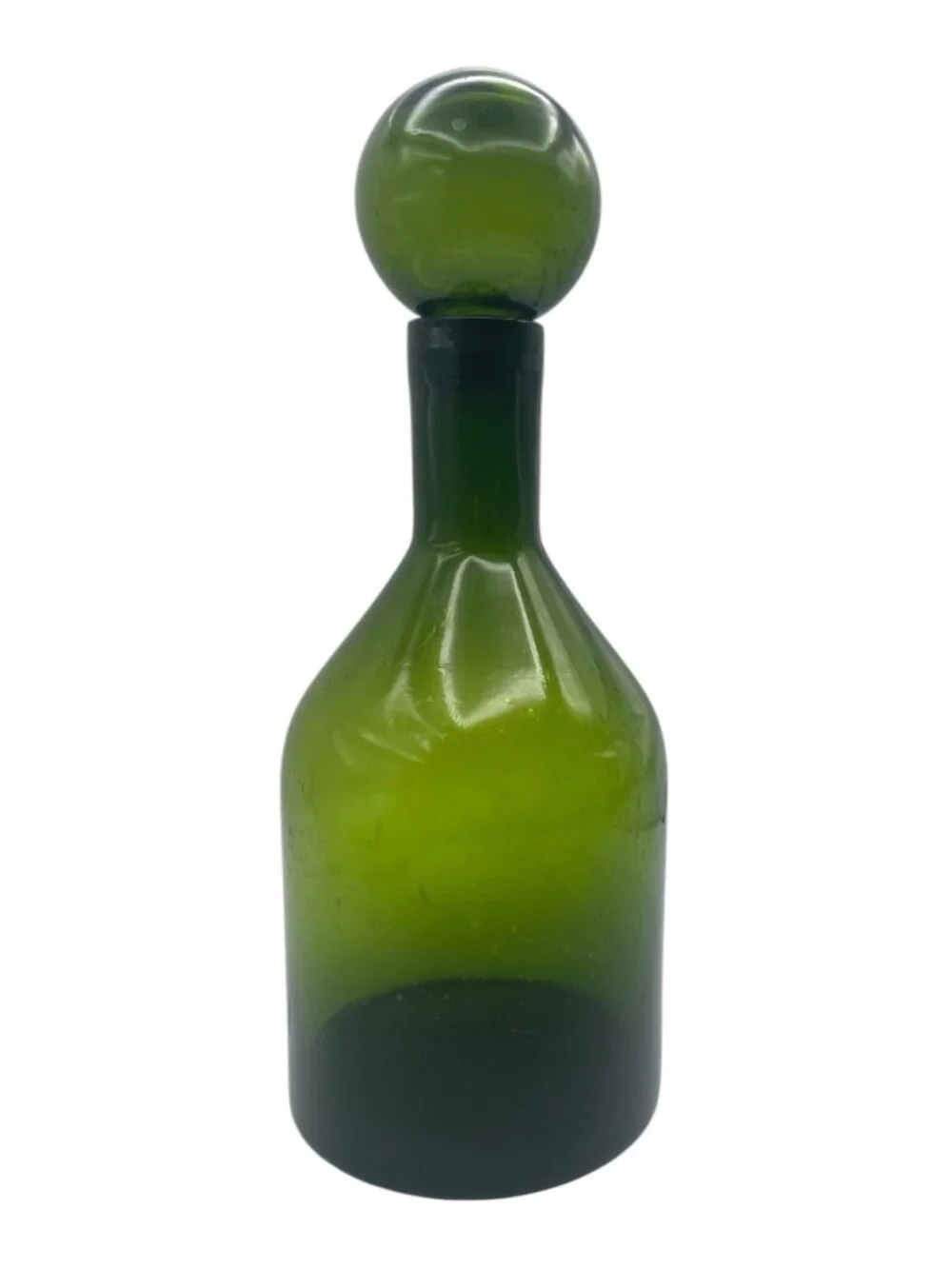 Vintage MCM Large Bottle Green Glass Bubble Decanter 11” w/ Ball Stopper Italy